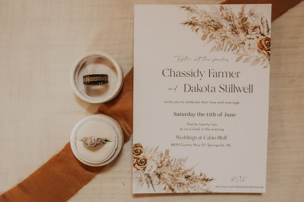 A simple flatly detail shot of invitation and wedding rings